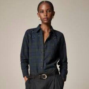 J. Crew Embellished shrunken button-up shirt in tartan brushed cotton oxford